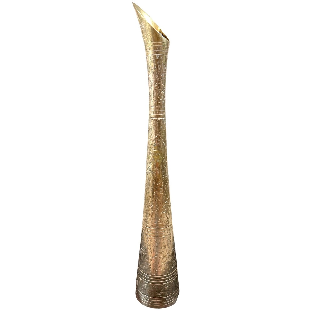 VTG Solid Brass Floral Hand Engraved Long Neck‎ 14" X 2.25" Vase